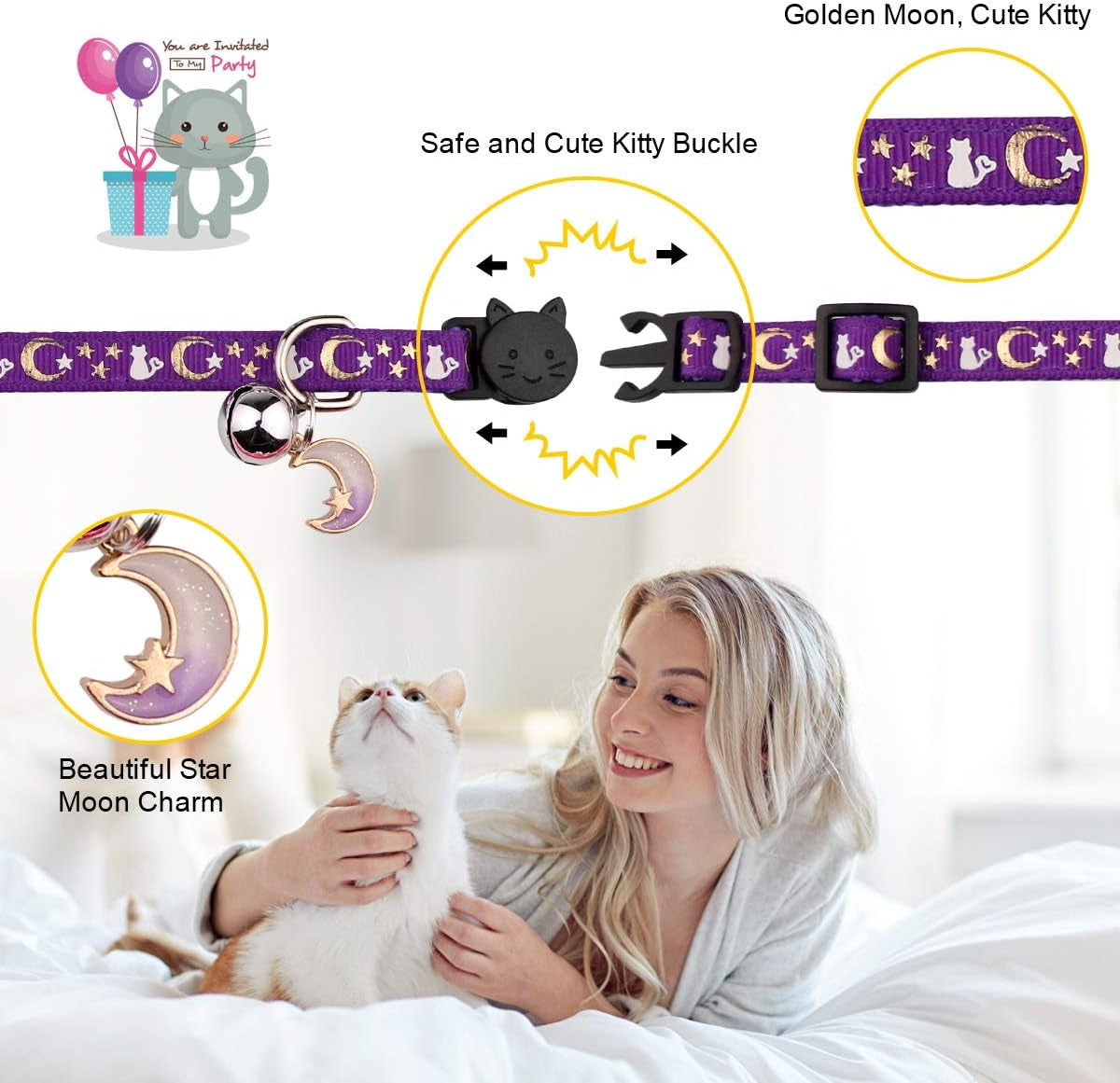 Set of 2 Adjustable Breakaway Cat Collars with Bell, Glow in the Dark Moons and Stars Design, Safe for Kittens (Purple & Pink)