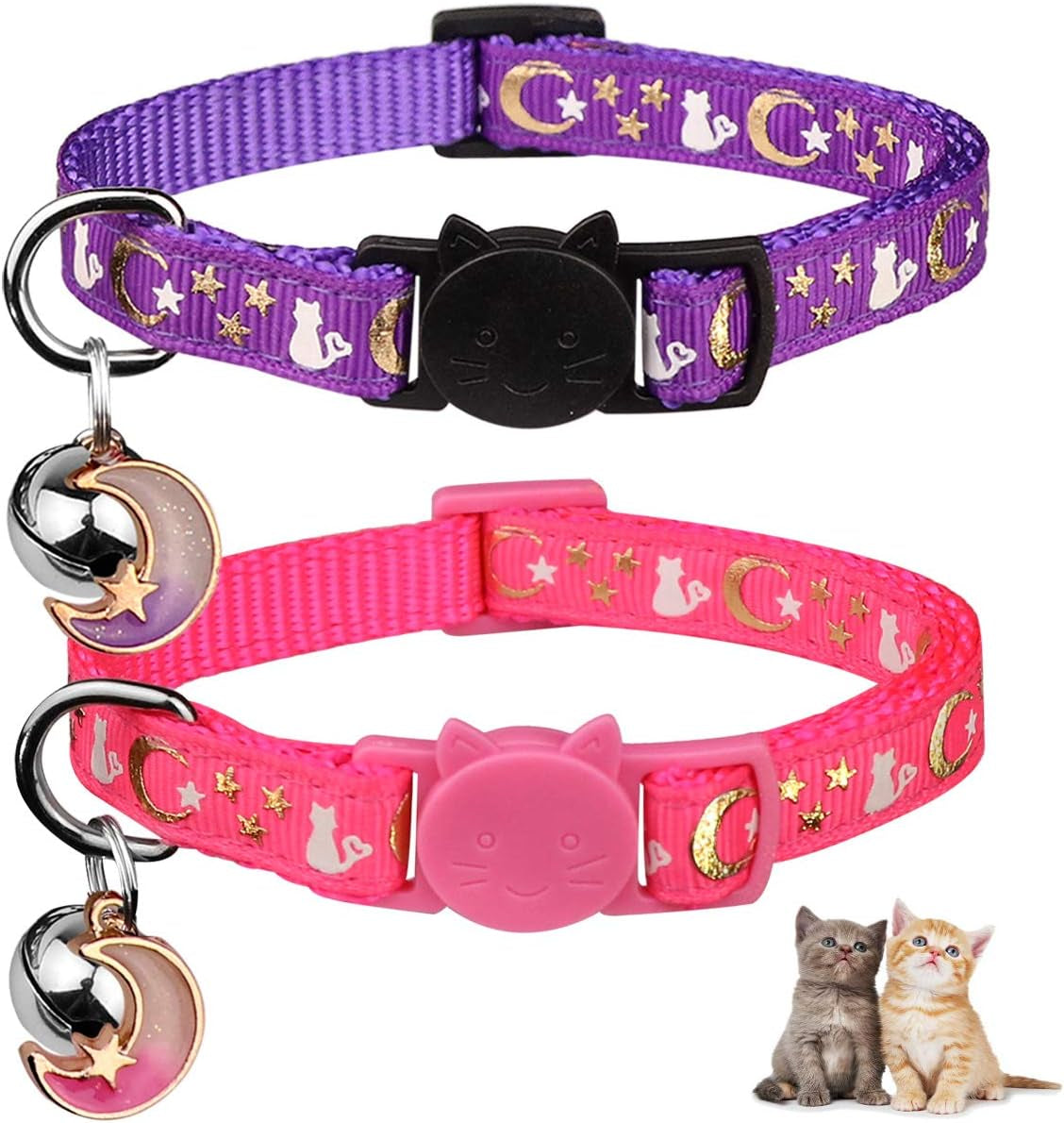 Set of 2 Adjustable Breakaway Cat Collars with Bell, Glow in the Dark Moons and Stars Design, Safe for Kittens (Purple & Pink)