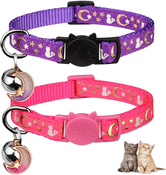 Set of 2 Adjustable Breakaway Cat Collars with Bell, Glow in the Dark Moons and Stars Design, Safe for Kittens (Purple & Pink)
