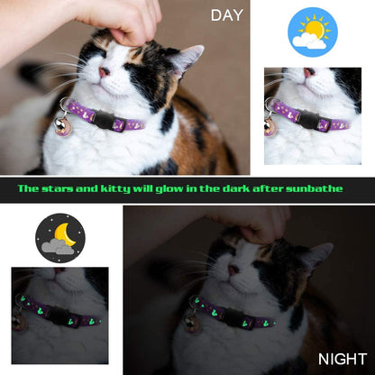Set of 2 Adjustable Breakaway Cat Collars with Bell, Glow in the Dark Moons and Stars Design, Safe for Kittens (Purple & Pink)