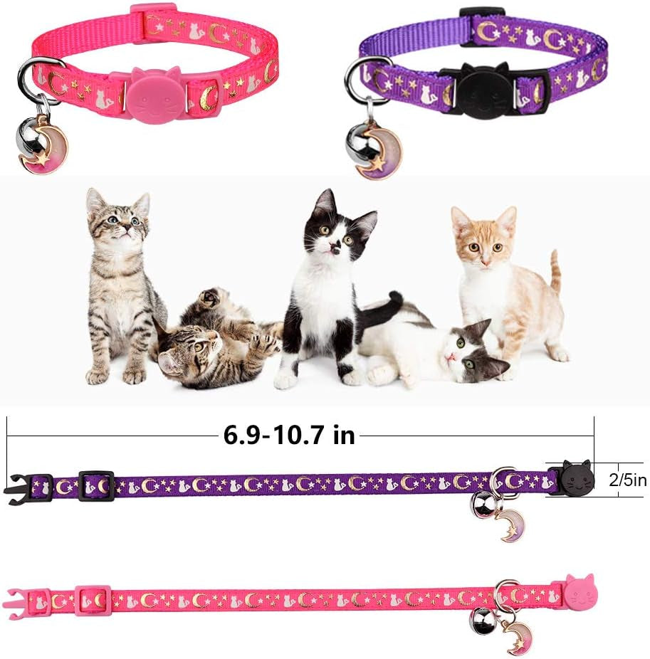 Set of 2 Adjustable Breakaway Cat Collars with Bell, Glow in the Dark Moons and Stars Design, Safe for Kittens (Purple & Pink)